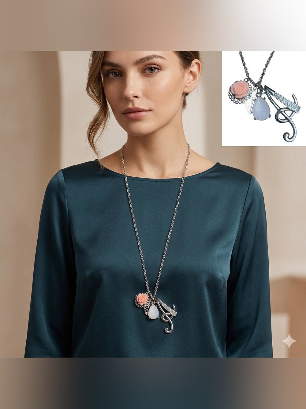 🌸Boho Silver Initial A Long Pendant Necklace • Pink Rose & Leaf